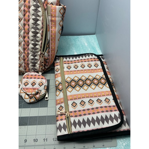 Rosegin Diaper Bag Backpack Tribal Geometric Print with Changing Pad Orange - Picture 6 of 8